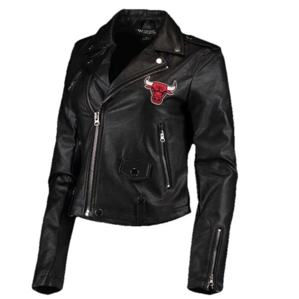 The Wild Collective NBA Chicago Bulls edgy Faux Leather Moto jacket NWT Med - Picture 2 of 14